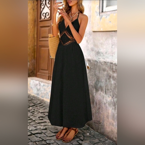 New Boho Sheer Crochet Knit Tie Back Long Dress Black - Picture 4 of 10